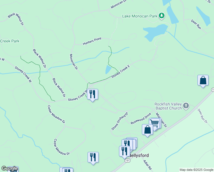 map of restaurants, bars, coffee shops, grocery stores, and more near 128 Club Highland in Nellysford