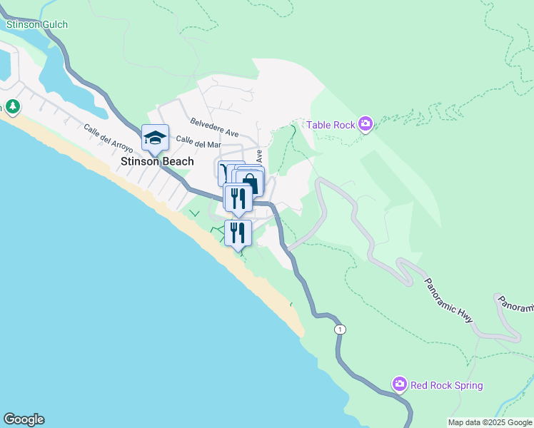 map of restaurants, bars, coffee shops, grocery stores, and more near 1 Marine Way in Stinson Beach