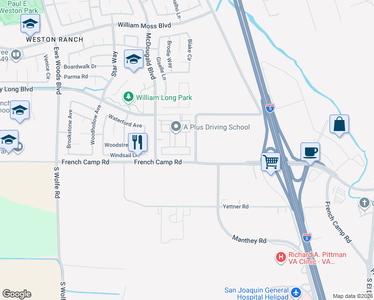 map of restaurants, bars, coffee shops, grocery stores, and more near 604 Blue Stone Drive in Stockton