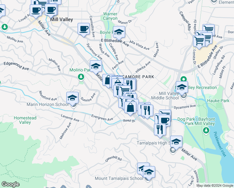 map of restaurants, bars, coffee shops, grocery stores, and more near 495 Ethel Avenue in Mill Valley