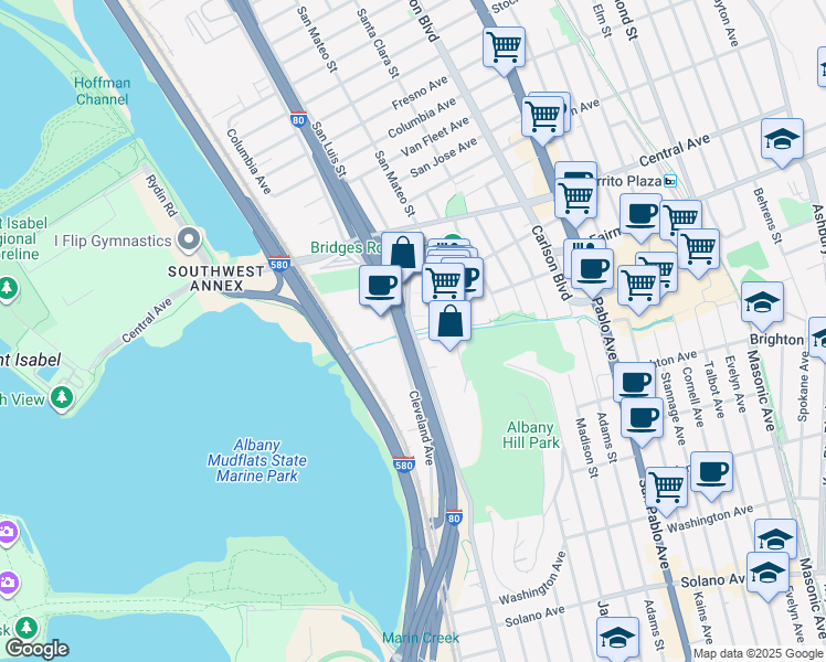 map of restaurants, bars, coffee shops, grocery stores, and more near 3382 Pierce Street in Richmond