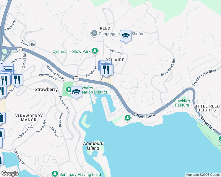 map of restaurants, bars, coffee shops, grocery stores, and more near 18 Salt Landing in Belvedere Tiburon