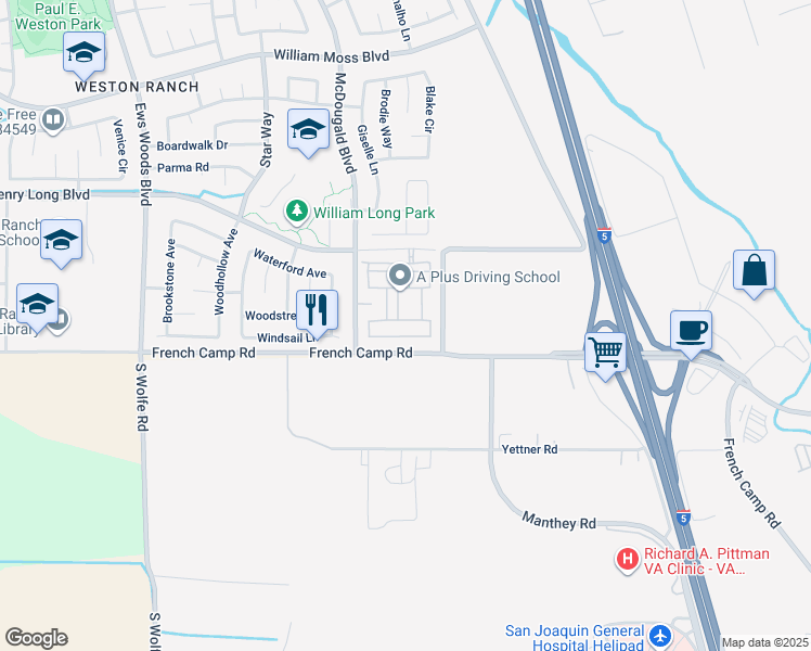 map of restaurants, bars, coffee shops, grocery stores, and more near 654 Flagstone Drive in Stockton