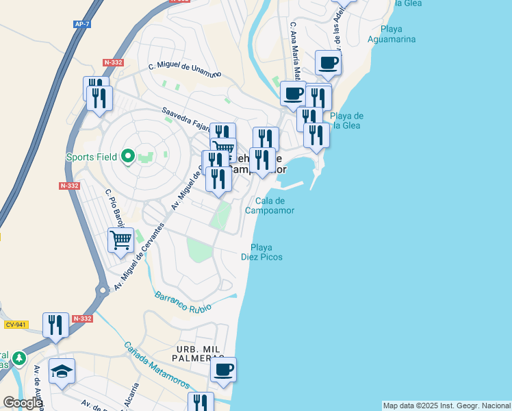 map of restaurants, bars, coffee shops, grocery stores, and more near s/n Calle Calderón de la Barca in Dehesa de Campoamor