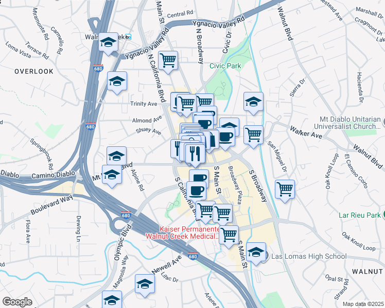 map of restaurants, bars, coffee shops, grocery stores, and more near 1630 Mount Diablo Boulevard in Walnut Creek