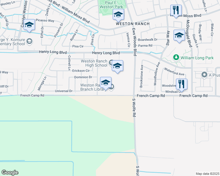 map of restaurants, bars, coffee shops, grocery stores, and more near 4726 McCuen Avenue in Stockton