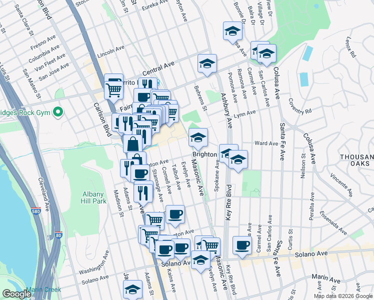 map of restaurants, bars, coffee shops, grocery stores, and more near 1240 Brighton Avenue in Albany