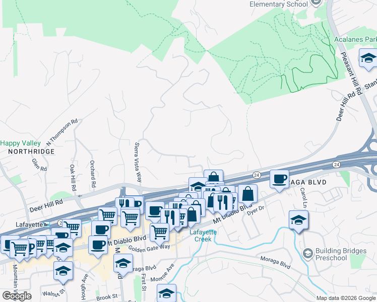 map of restaurants, bars, coffee shops, grocery stores, and more near 2 Harper Court in Lafayette