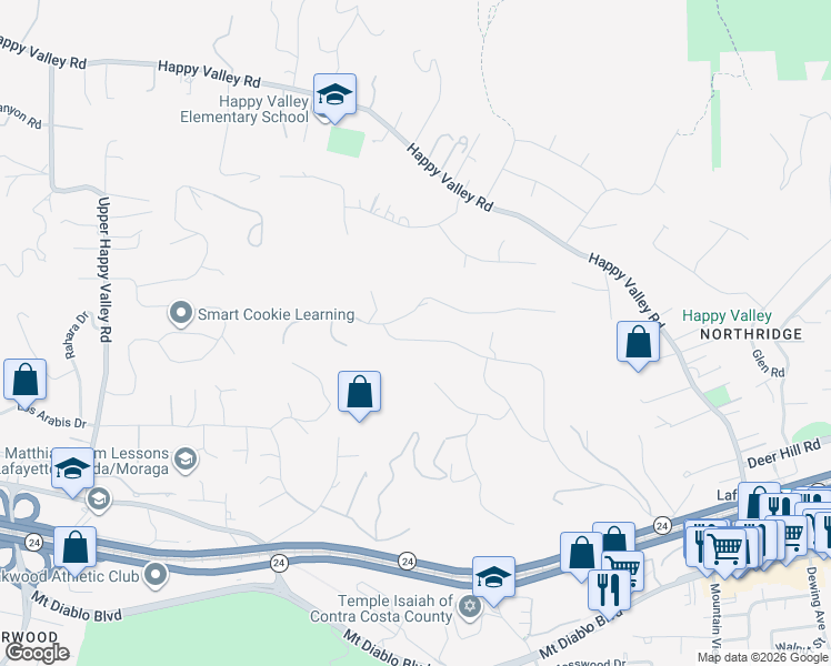 map of restaurants, bars, coffee shops, grocery stores, and more near 1104 Vía Roble in Lafayette