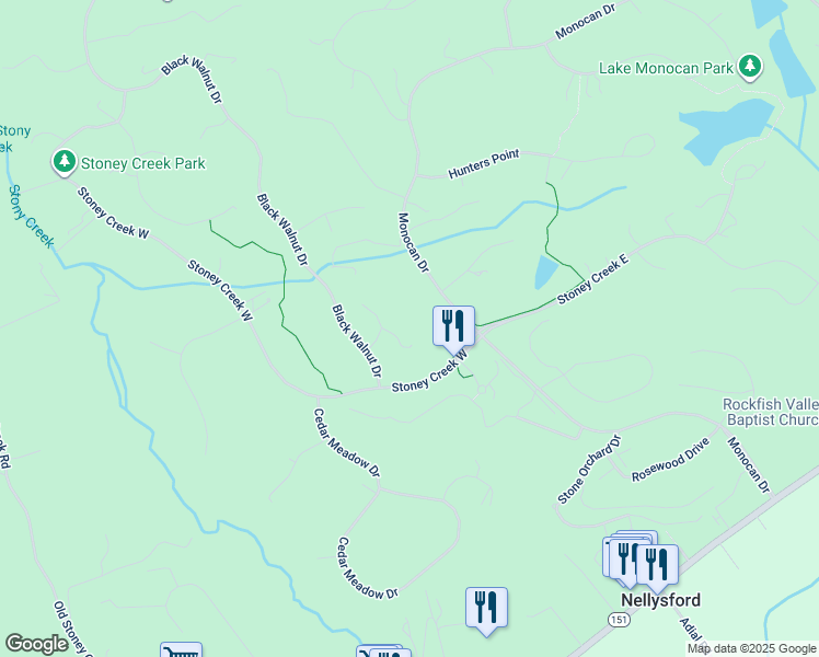 map of restaurants, bars, coffee shops, grocery stores, and more near 39 Windthistle Lane in Nellysford