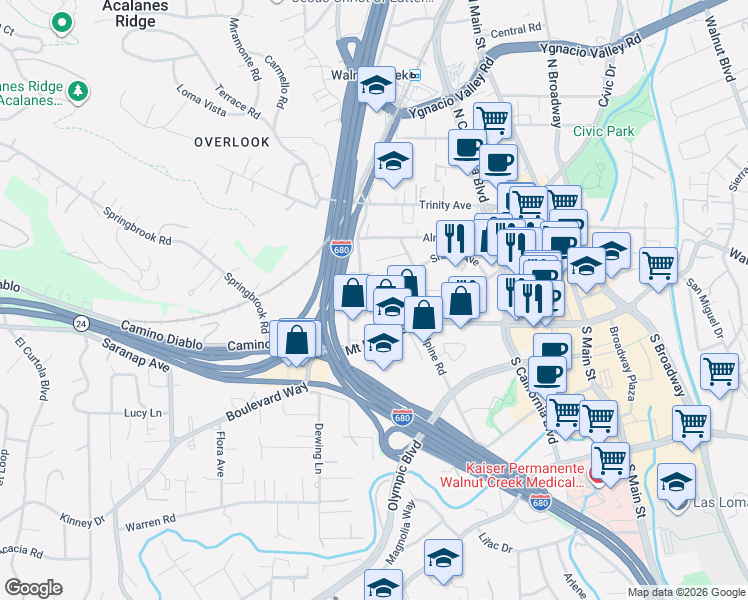 map of restaurants, bars, coffee shops, grocery stores, and more near 1384 Oakland Boulevard in Walnut Creek