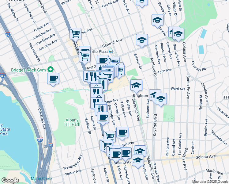 map of restaurants, bars, coffee shops, grocery stores, and more near in Albany