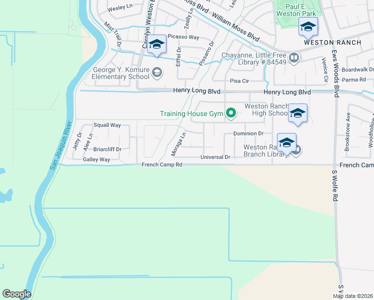 map of restaurants, bars, coffee shops, grocery stores, and more near 2058 Universal Drive in Stockton