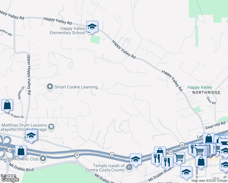map of restaurants, bars, coffee shops, grocery stores, and more near 1104 Vía Roble in Lafayette