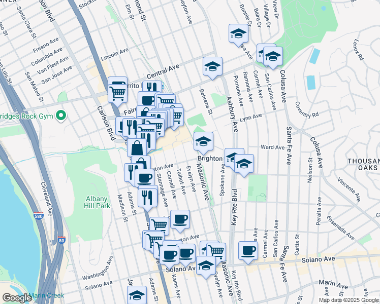 map of restaurants, bars, coffee shops, grocery stores, and more near 417 Evelyn Avenue in Albany