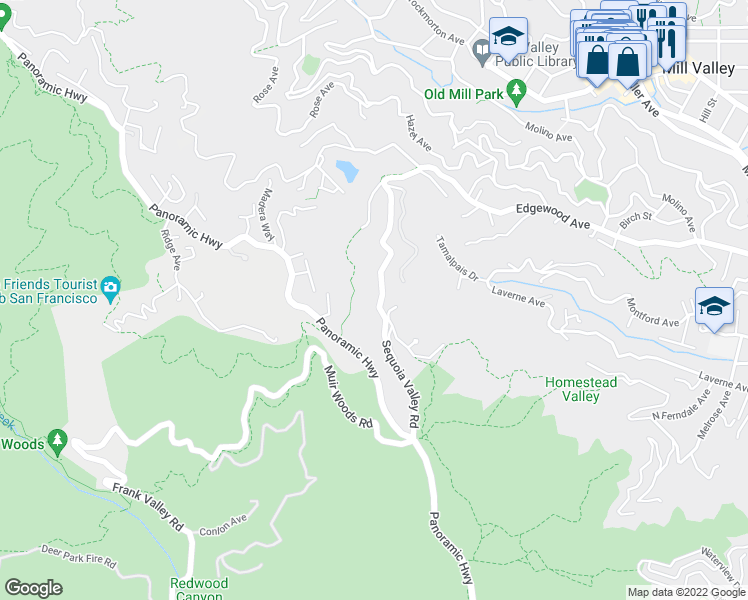 map of restaurants, bars, coffee shops, grocery stores, and more near 151 Bay View Dr in Mill Valley