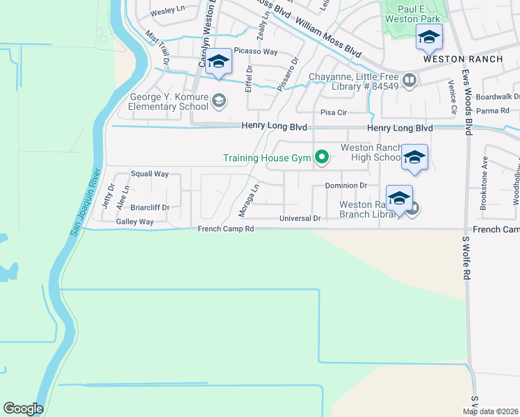 map of restaurants, bars, coffee shops, grocery stores, and more near 2058 Universal Drive in Stockton