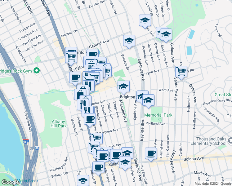 map of restaurants, bars, coffee shops, grocery stores, and more near 417 Evelyn Avenue in Albany
