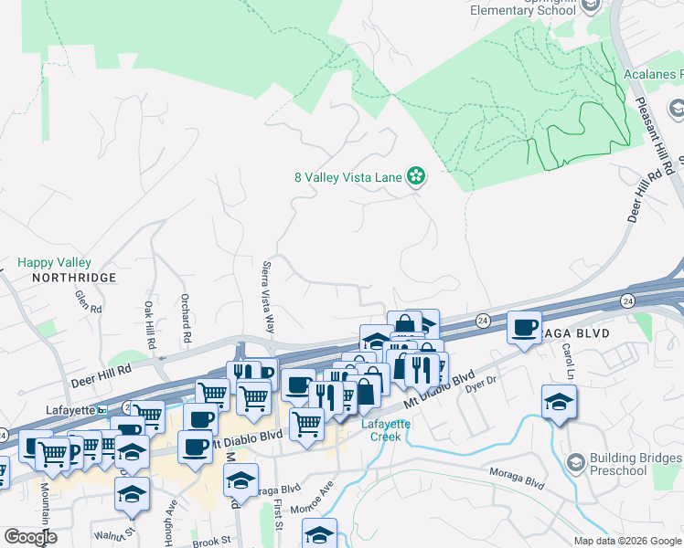 map of restaurants, bars, coffee shops, grocery stores, and more near 1170 Crescenta Court in Lafayette