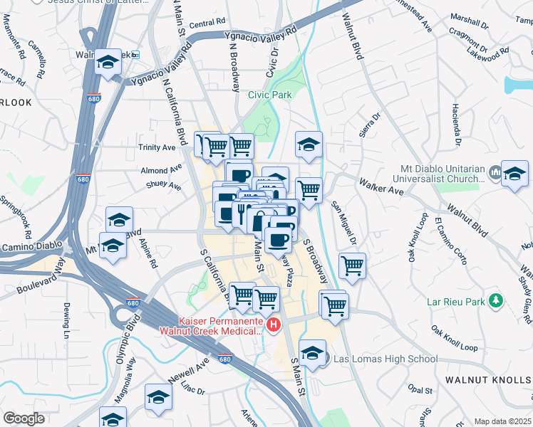 map of restaurants, bars, coffee shops, grocery stores, and more near 1425 Duncan Street in Walnut Creek