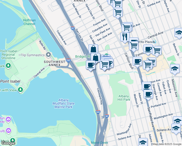 map of restaurants, bars, coffee shops, grocery stores, and more near 3223 Pierce Street in Richmond