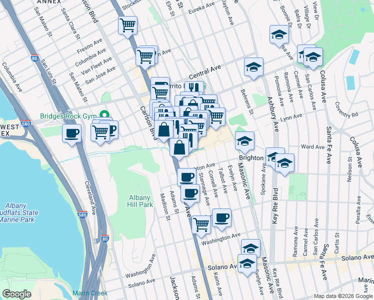 map of restaurants, bars, coffee shops, grocery stores, and more near 8000 El Cerrito Plaza in El Cerrito
