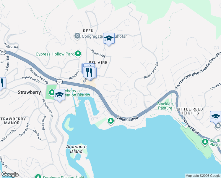 map of restaurants, bars, coffee shops, grocery stores, and more near 12 Circle Drive in Tiburon