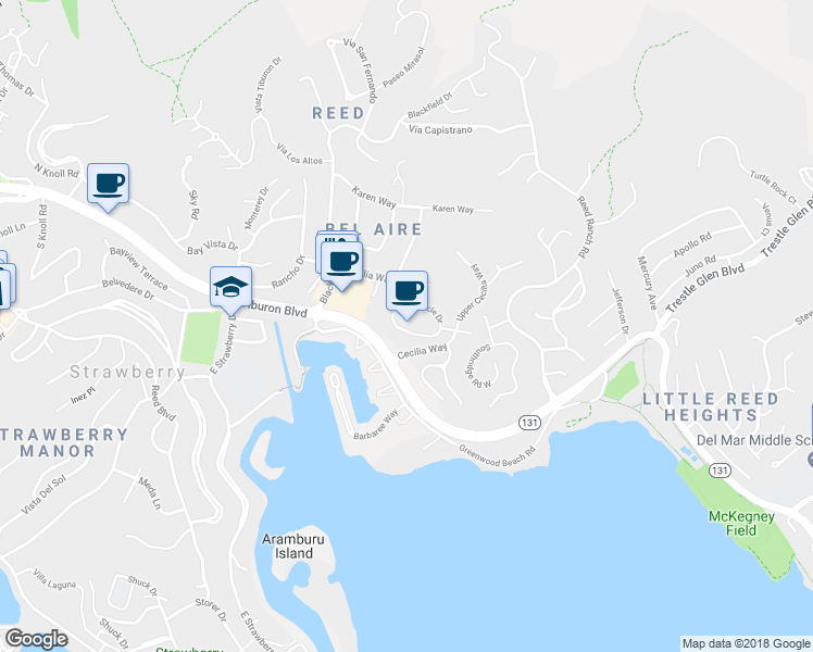 map of restaurants, bars, coffee shops, grocery stores, and more near 12 Circle Drive in Tiburon