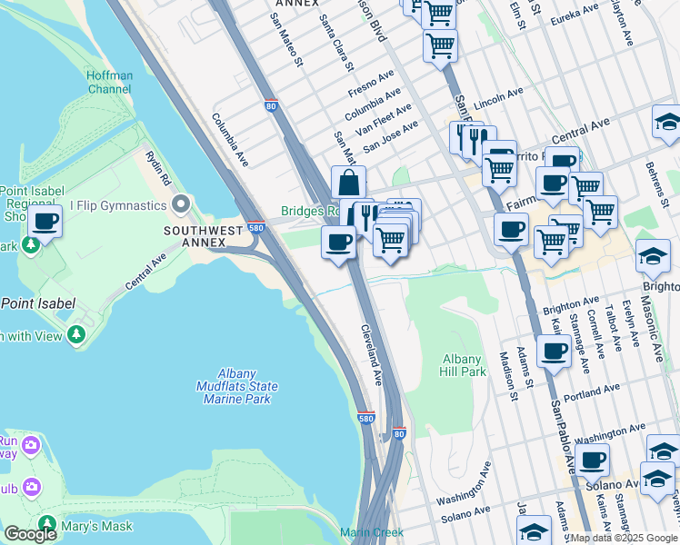 map of restaurants, bars, coffee shops, grocery stores, and more near 5327 Jacuzzi Street in Richmond
