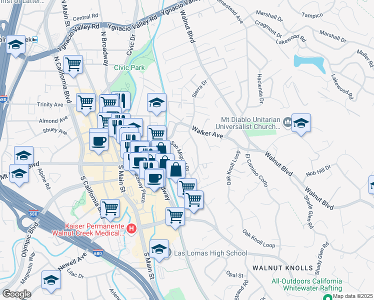 map of restaurants, bars, coffee shops, grocery stores, and more near 1746 San Miguel Drive in Walnut Creek