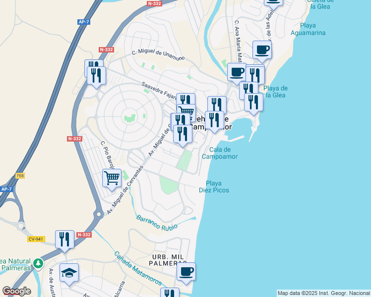 map of restaurants, bars, coffee shops, grocery stores, and more near 2 Calle G a Becque Cmor in Orihuela