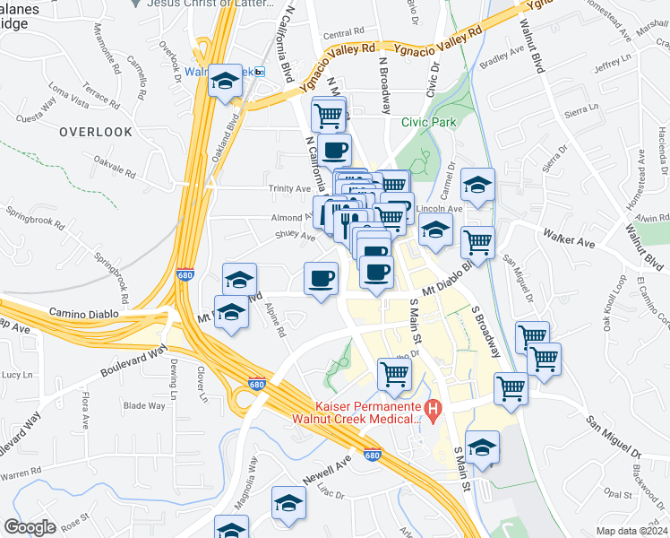 map of restaurants, bars, coffee shops, grocery stores, and more near 1333 North California Boulevard in Walnut Creek