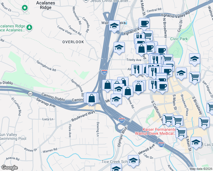 map of restaurants, bars, coffee shops, grocery stores, and more near 1407 Oakland Boulevard in Walnut Creek