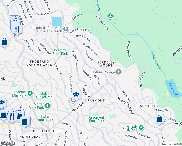 map of restaurants, bars, coffee shops, grocery stores, and more near 704 Grizzly Peak Boulevard in Berkeley
