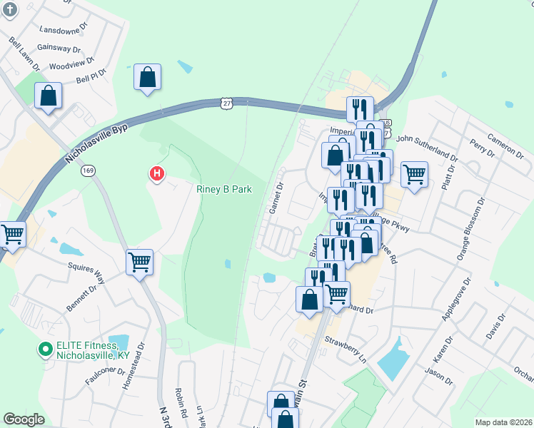 map of restaurants, bars, coffee shops, grocery stores, and more near 153 Garnet Drive in Nicholasville