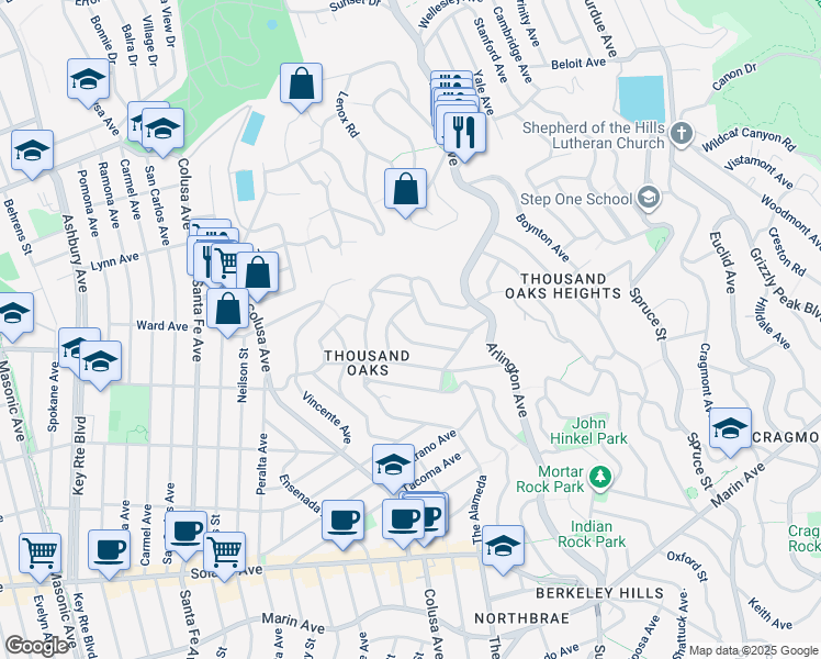 map of restaurants, bars, coffee shops, grocery stores, and more near 1827 San Juan Avenue in Berkeley