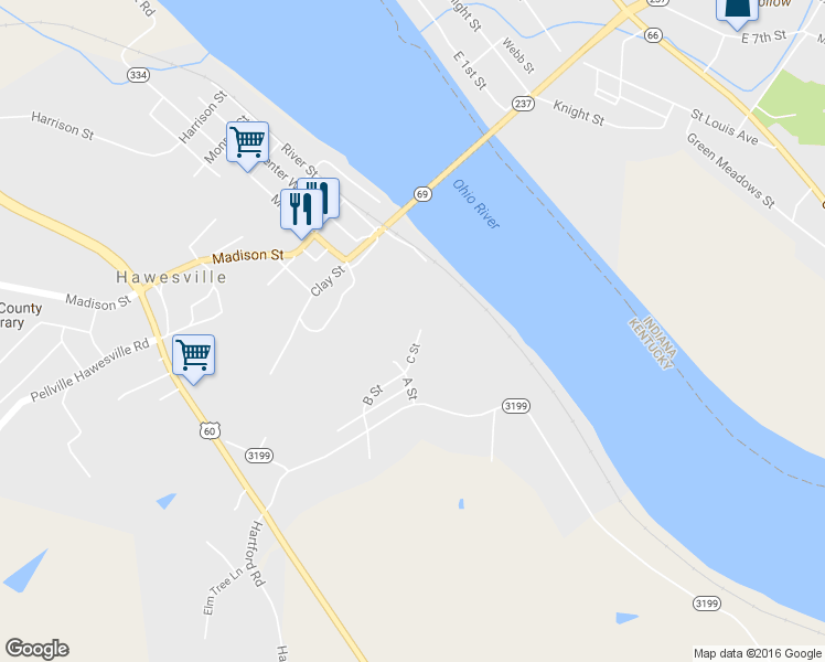 map of restaurants, bars, coffee shops, grocery stores, and more near 355 Riverview Drive in Hawesville