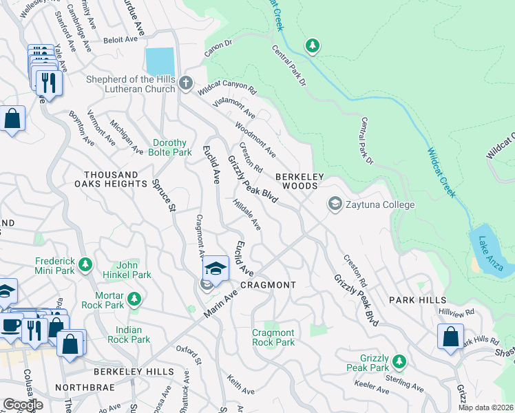 map of restaurants, bars, coffee shops, grocery stores, and more near 704 Grizzly Peak Boulevard in Berkeley