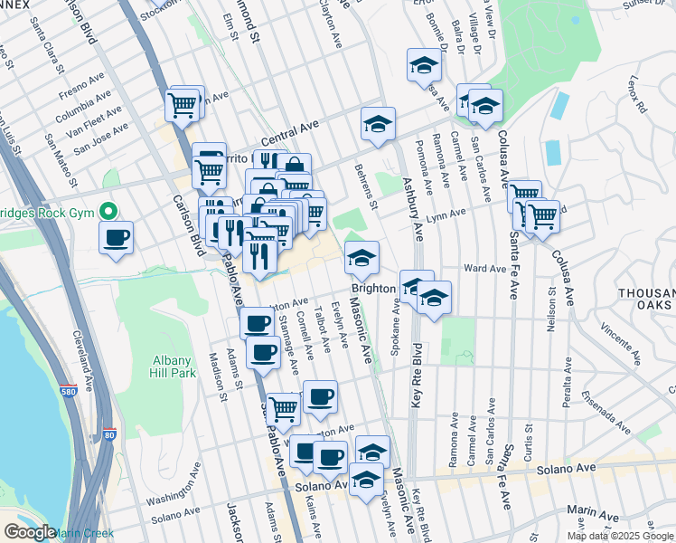 map of restaurants, bars, coffee shops, grocery stores, and more near 401 Evelyn Avenue in Albany