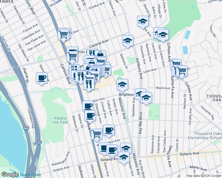 map of restaurants, bars, coffee shops, grocery stores, and more near 401 Evelyn Avenue in Albany