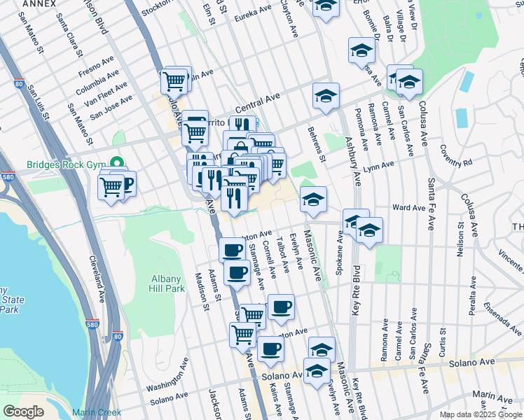 map of restaurants, bars, coffee shops, grocery stores, and more near 295 El Cerrito Plaza in El Cerrito