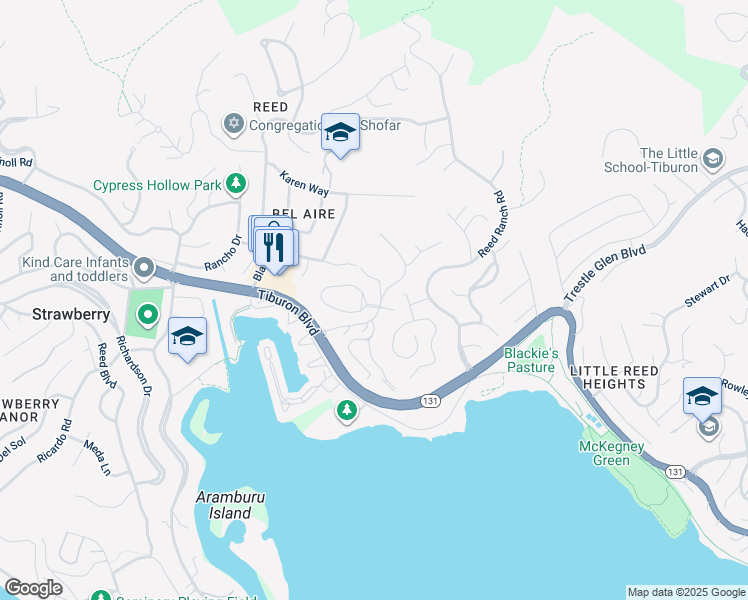 map of restaurants, bars, coffee shops, grocery stores, and more near 4 Circle Drive in Tiburon