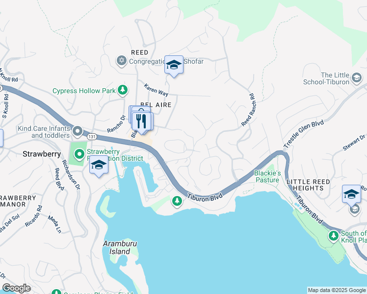 map of restaurants, bars, coffee shops, grocery stores, and more near 4 Circle Drive in Tiburon