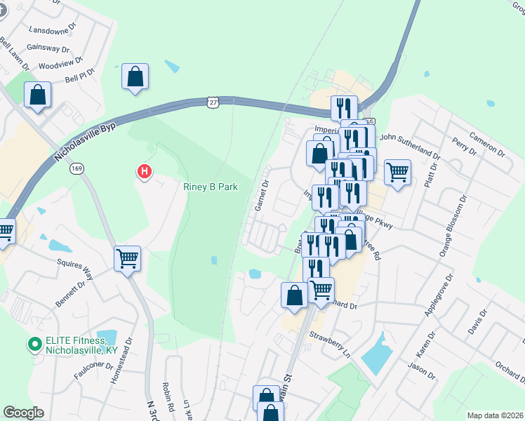 map of restaurants, bars, coffee shops, grocery stores, and more near 136 Garnet Drive in Nicholasville