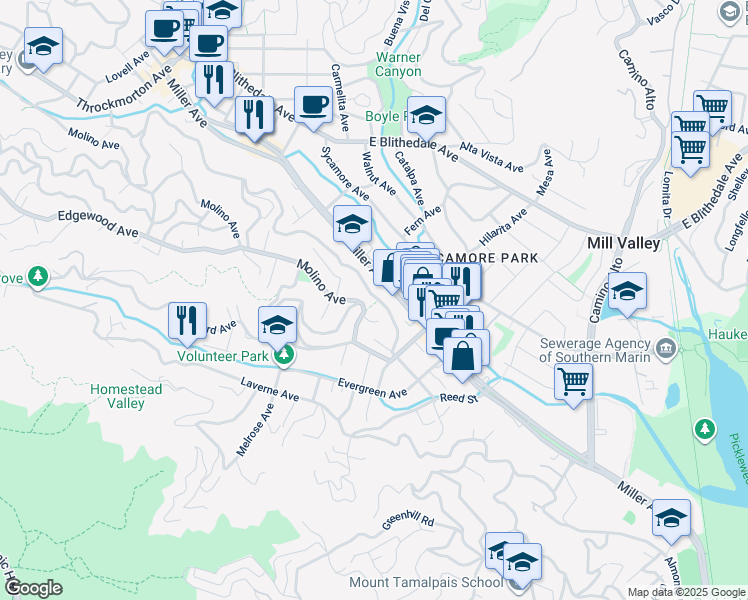 map of restaurants, bars, coffee shops, grocery stores, and more near 456 Ethel Avenue in Mill Valley