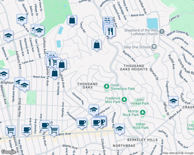 map of restaurants, bars, coffee shops, grocery stores, and more near 1821 San Juan Avenue in Berkeley