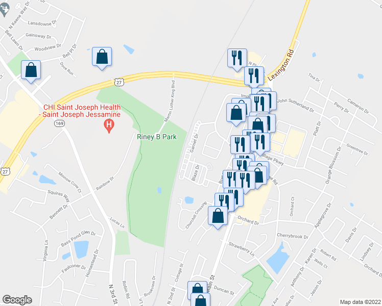 map of restaurants, bars, coffee shops, grocery stores, and more near 155 Garnet Drive in Nicholasville