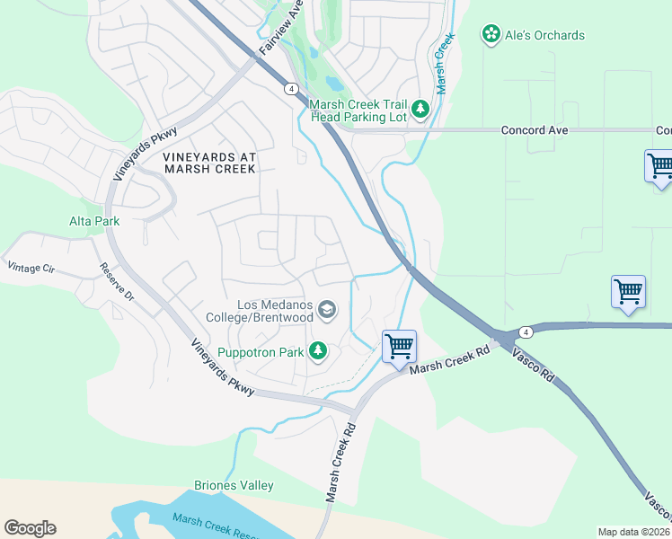 map of restaurants, bars, coffee shops, grocery stores, and more near 1590 Chianti Lane in Brentwood
