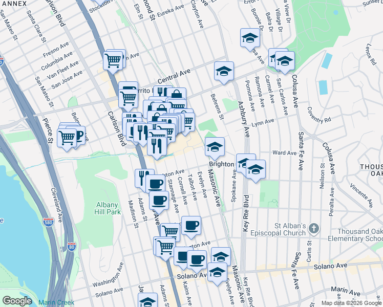 map of restaurants, bars, coffee shops, grocery stores, and more near 410 Evelyn Avenue in Albany
