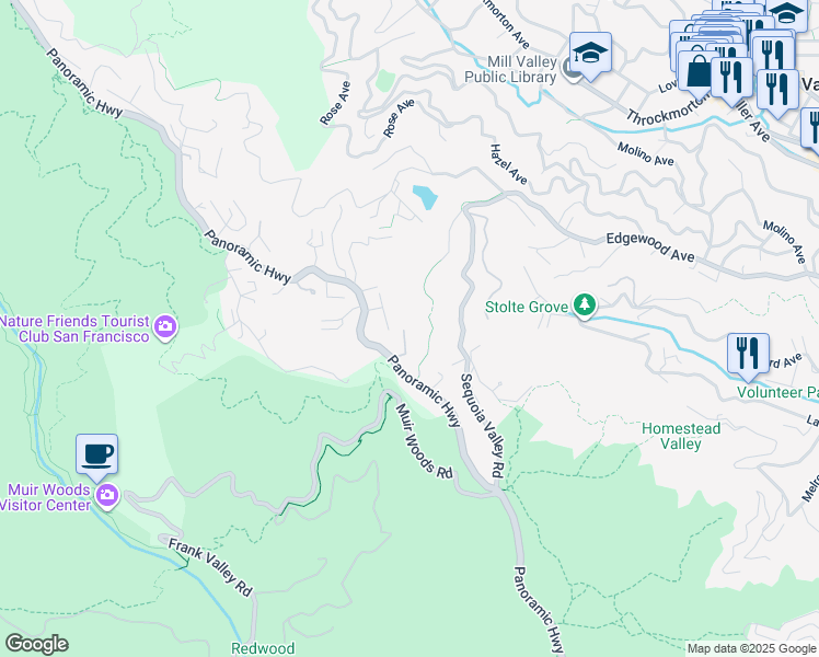 map of restaurants, bars, coffee shops, grocery stores, and more near 330 Panoramic Highway in Mill Valley